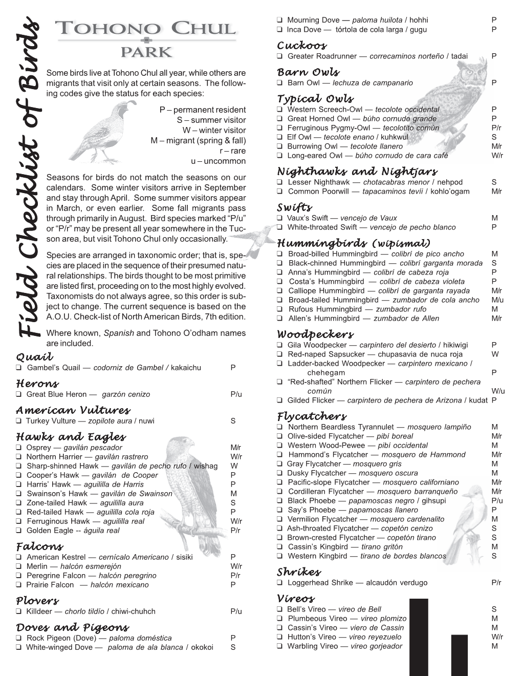 Field Checklist of Birds Field Checklist of Birds Field Checklist of Birds Field Checklist of Birds Field Checklist of Birds Woodpeckers Are Included