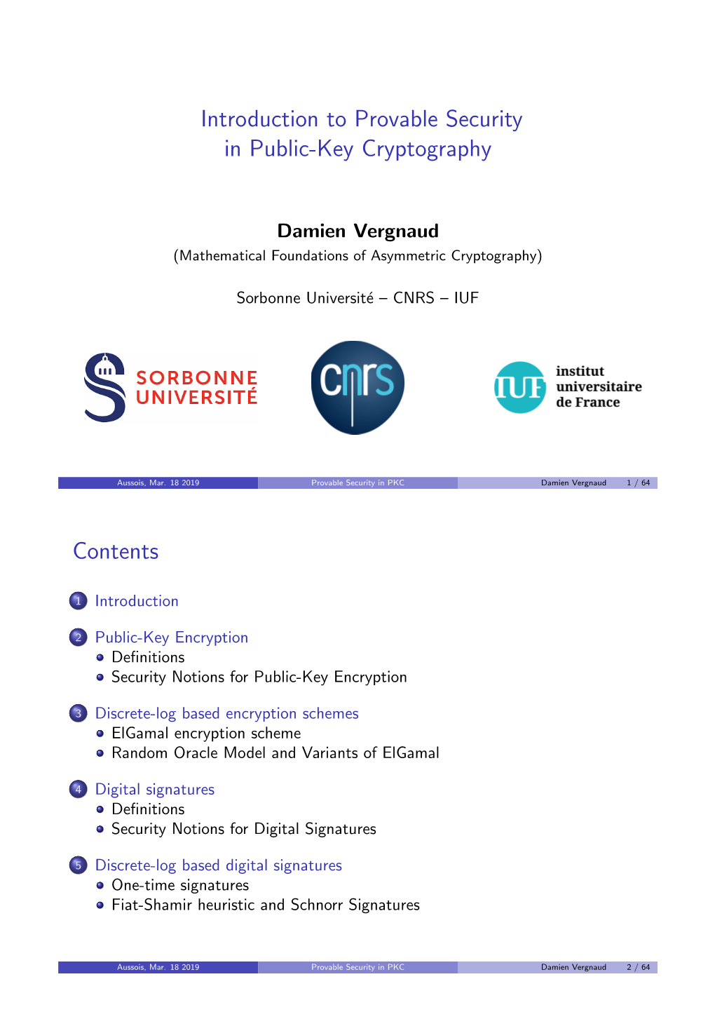 Introduction to Provable Security in Public-Key Cryptography Contents