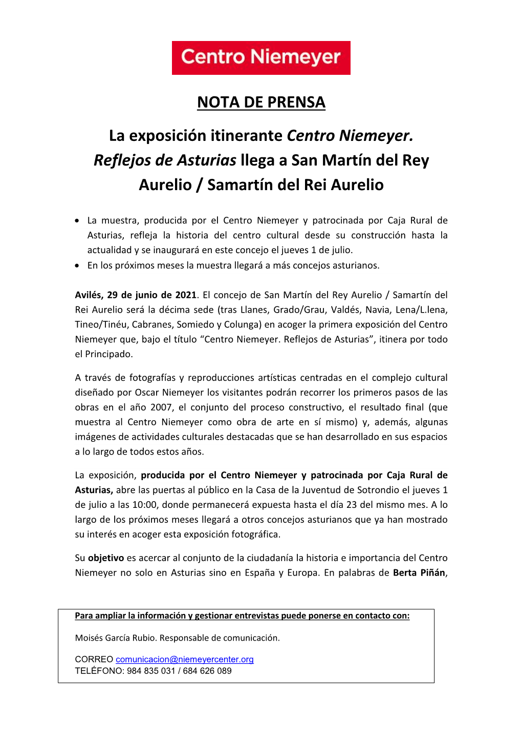 NOTA DE PRENSA La Exposición Itinerante Centro Niemeyer