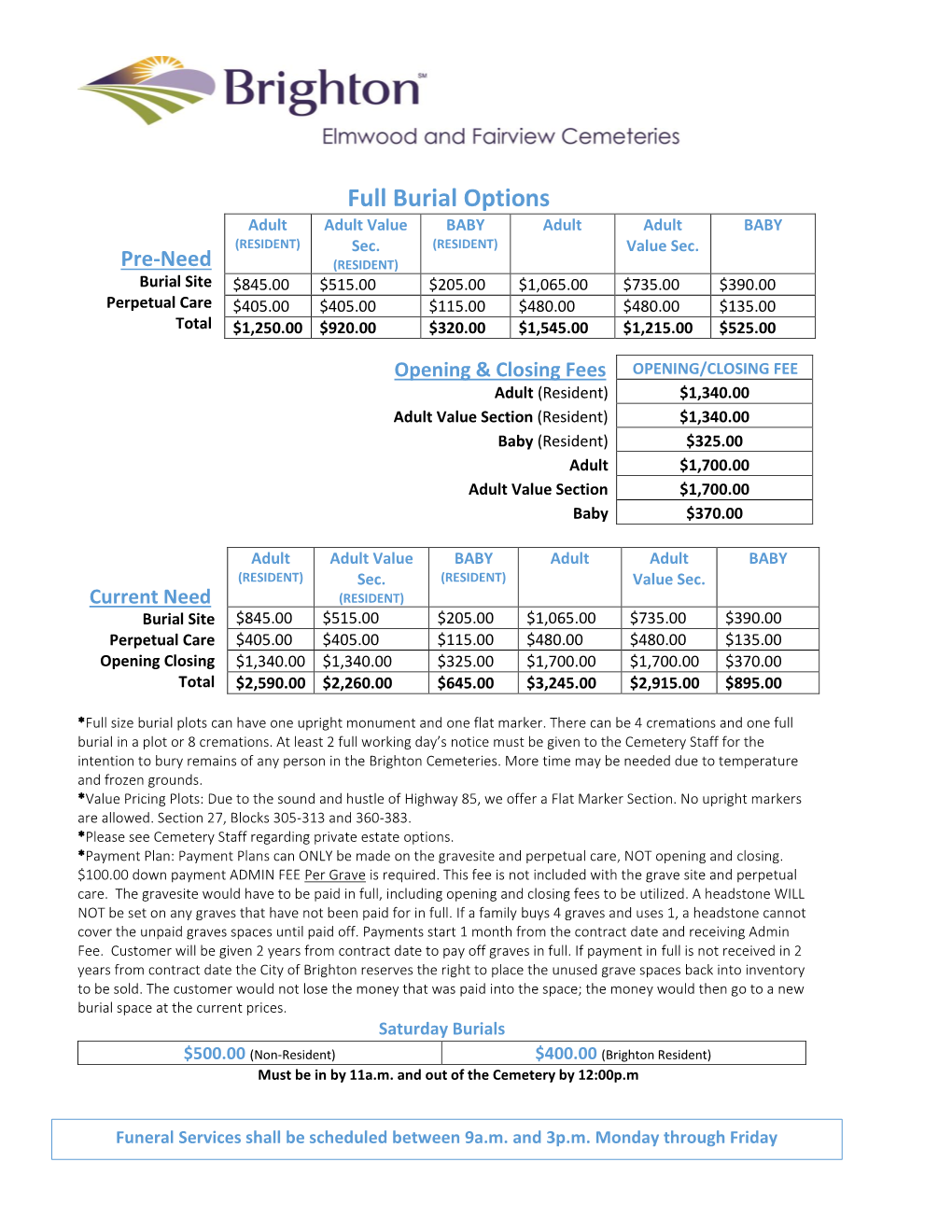 Full Burial Options Adult Adult Value BABY Adult Adult BABY (RESIDENT) Sec