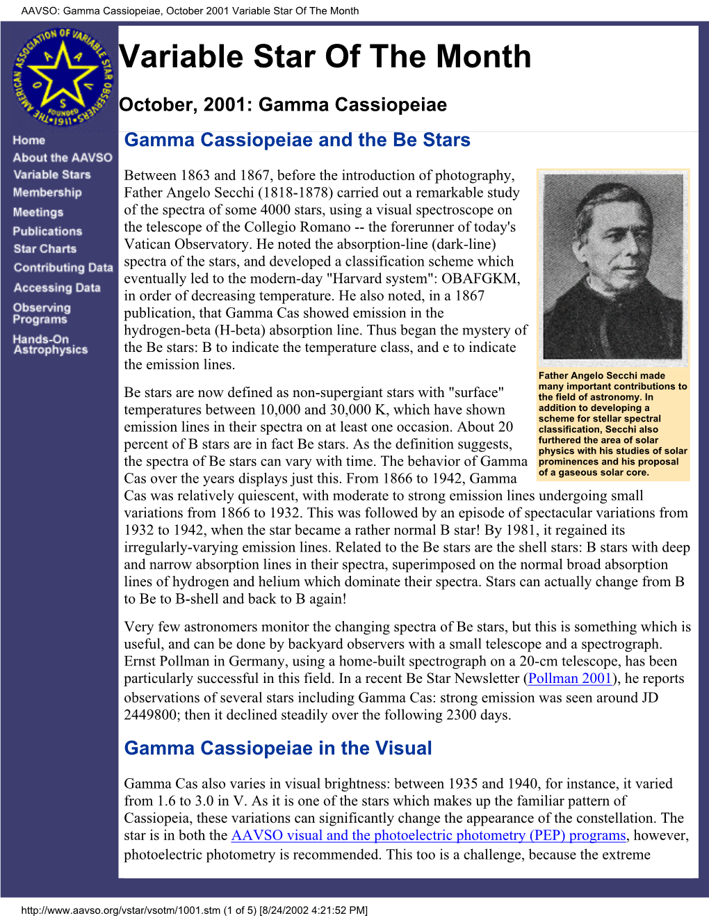 Gamma Cassiopeiae, October 2001 Variable Star of the Month Variable Star of the Month