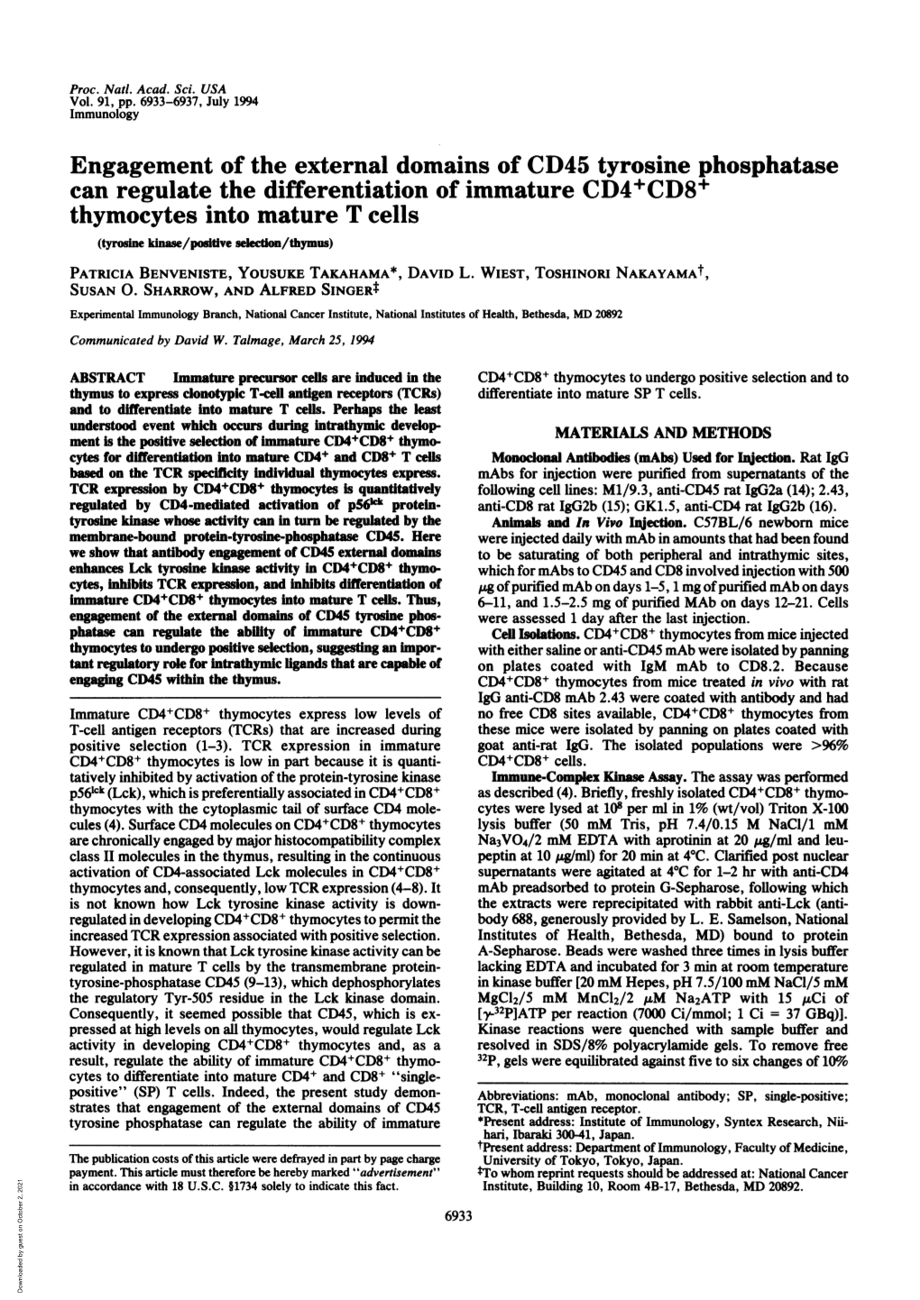 Engagement of the External Domains of CD45 Tyrosine Phosphatase Can