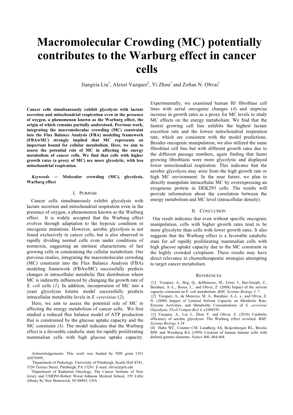 (MC) Potentially Contributes to the Warburg Effect in Cancer Cells