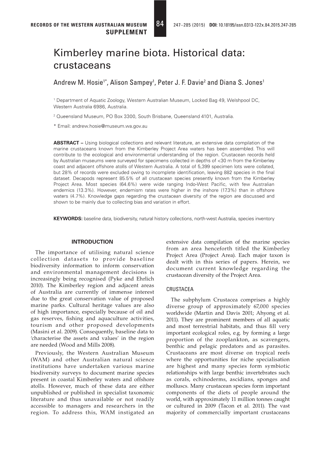 Kimberley Marine Biota. Historical Data: Crustaceans