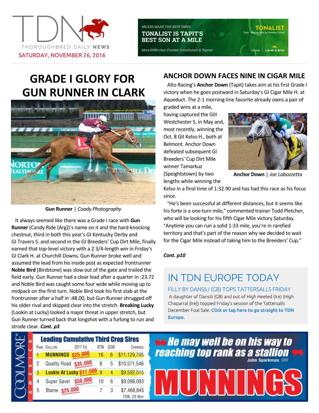 Grade I Glory for Gun Runner in Clark (Cont