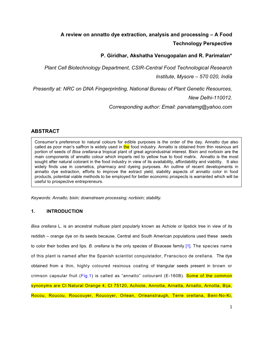 A Review on Annatto Dye Extraction, Analysis and Processing – a Food Technology Perspective