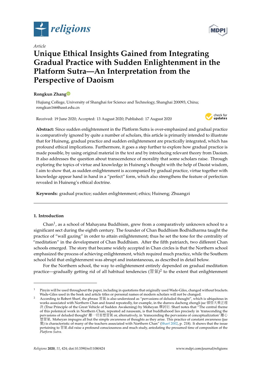 Unique Ethical Insights Gained from Integrating Gradual Practice with Sudden Enlightenment in the Platform Sutra—An Interpretation from the Perspective of Daoism