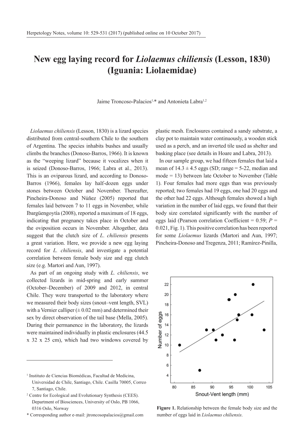 New Egg Laying Record for Liolaemus Chiliensis (Lesson, 1830) (Iguania: Liolaemidae)