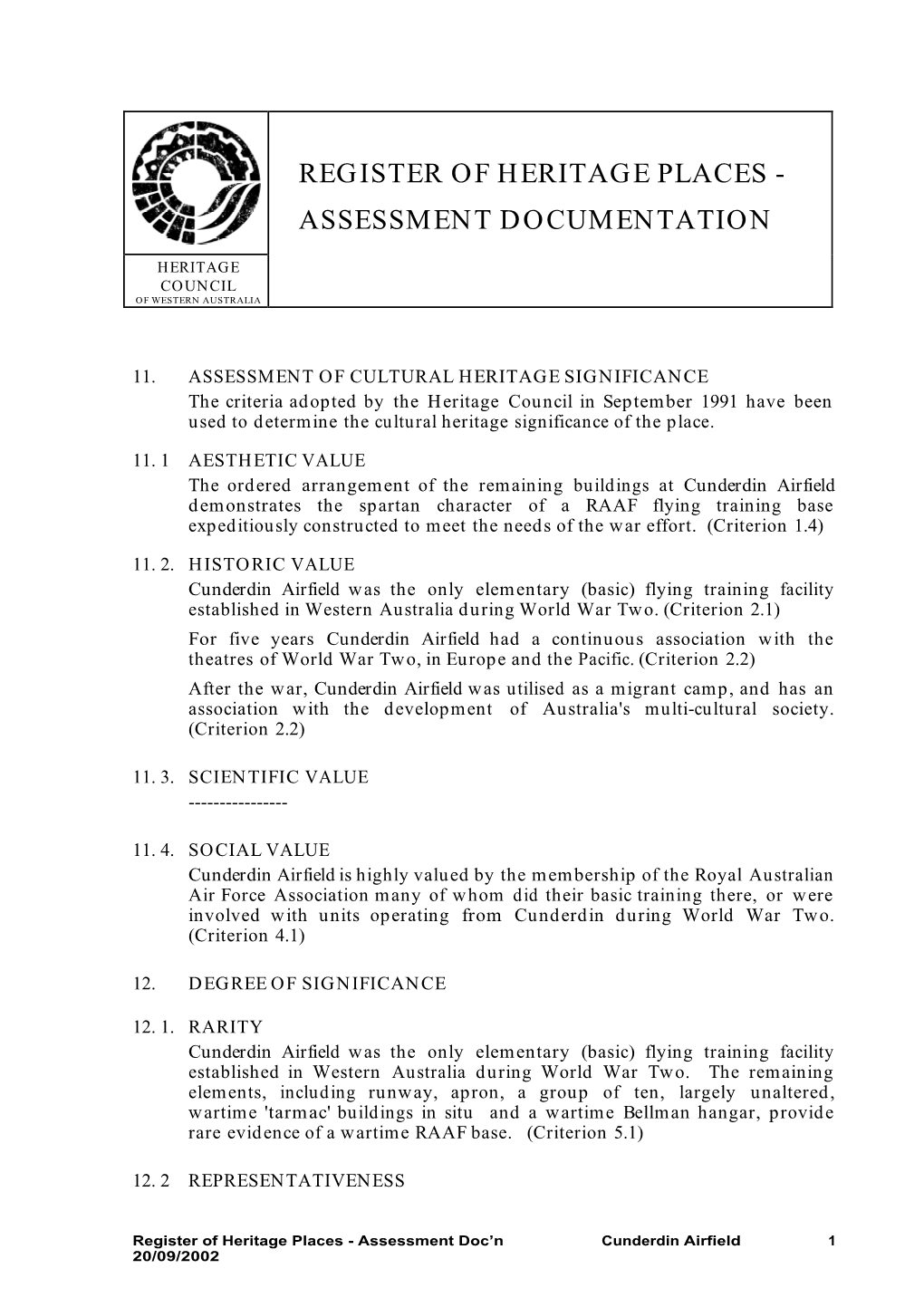 Register of Heritage Places - Assessment Documentation