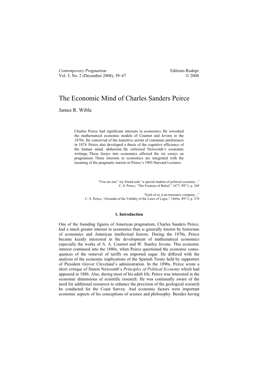 The Economic Mind of Charles Sanders Peirce