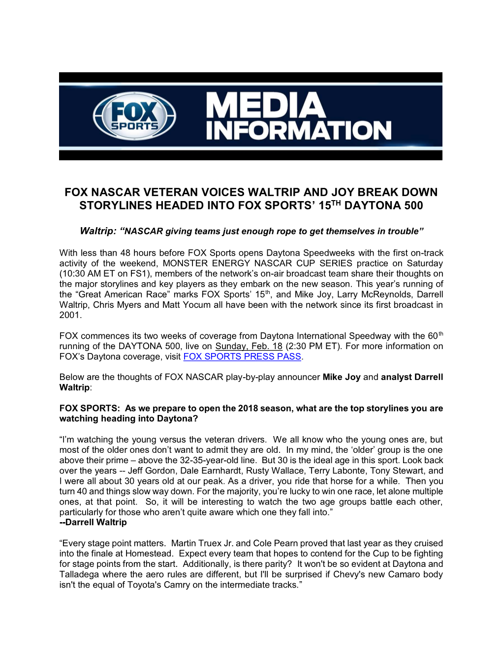 Fox Nascar Veteran Voices Waltrip and Joy Break Down Storylines Headed Into Fox Sports' 15Th Daytona