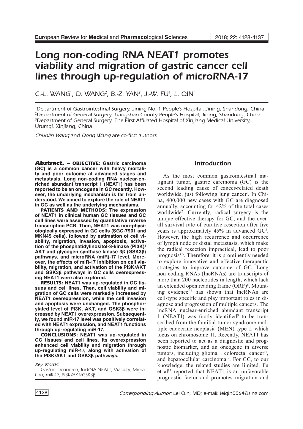 Role of NEAT1 in Gastric Cancer Invasion in GC