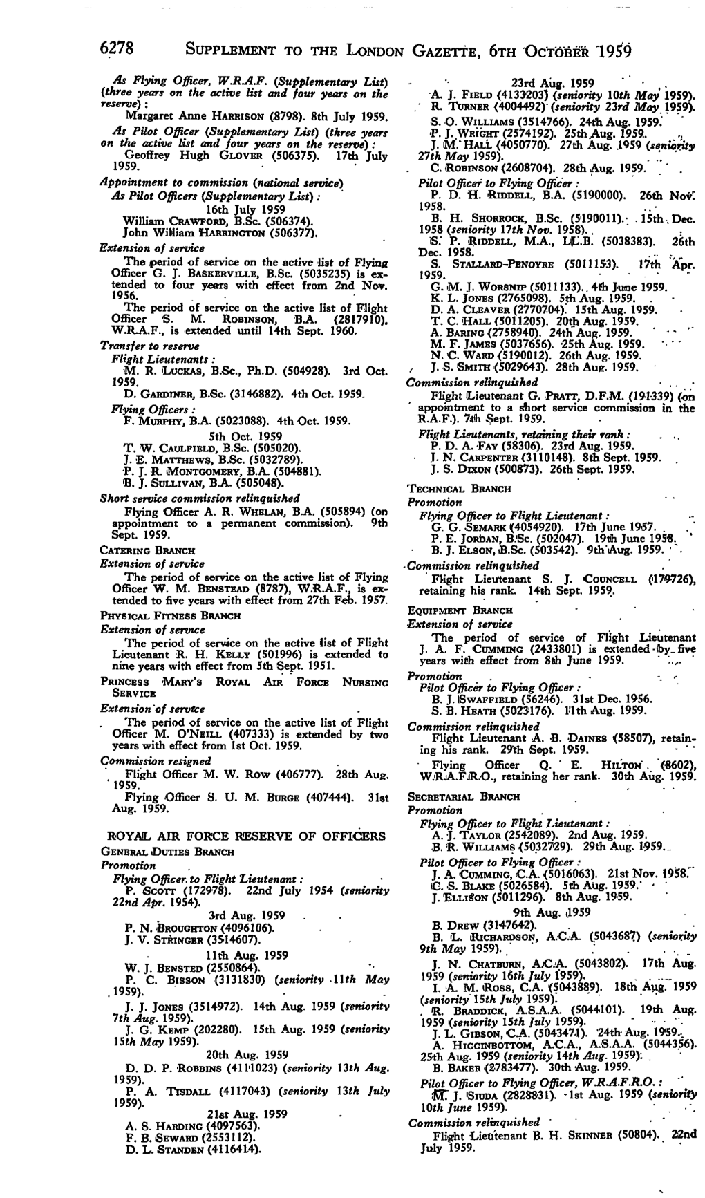 6278 Supplement to the London Gazette, 6Th October 1959