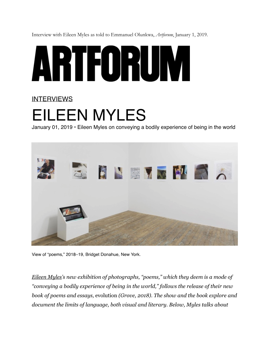 Eileen Myles As Told to Emmanuel Olunkwa, Artforum, January 1, 2019