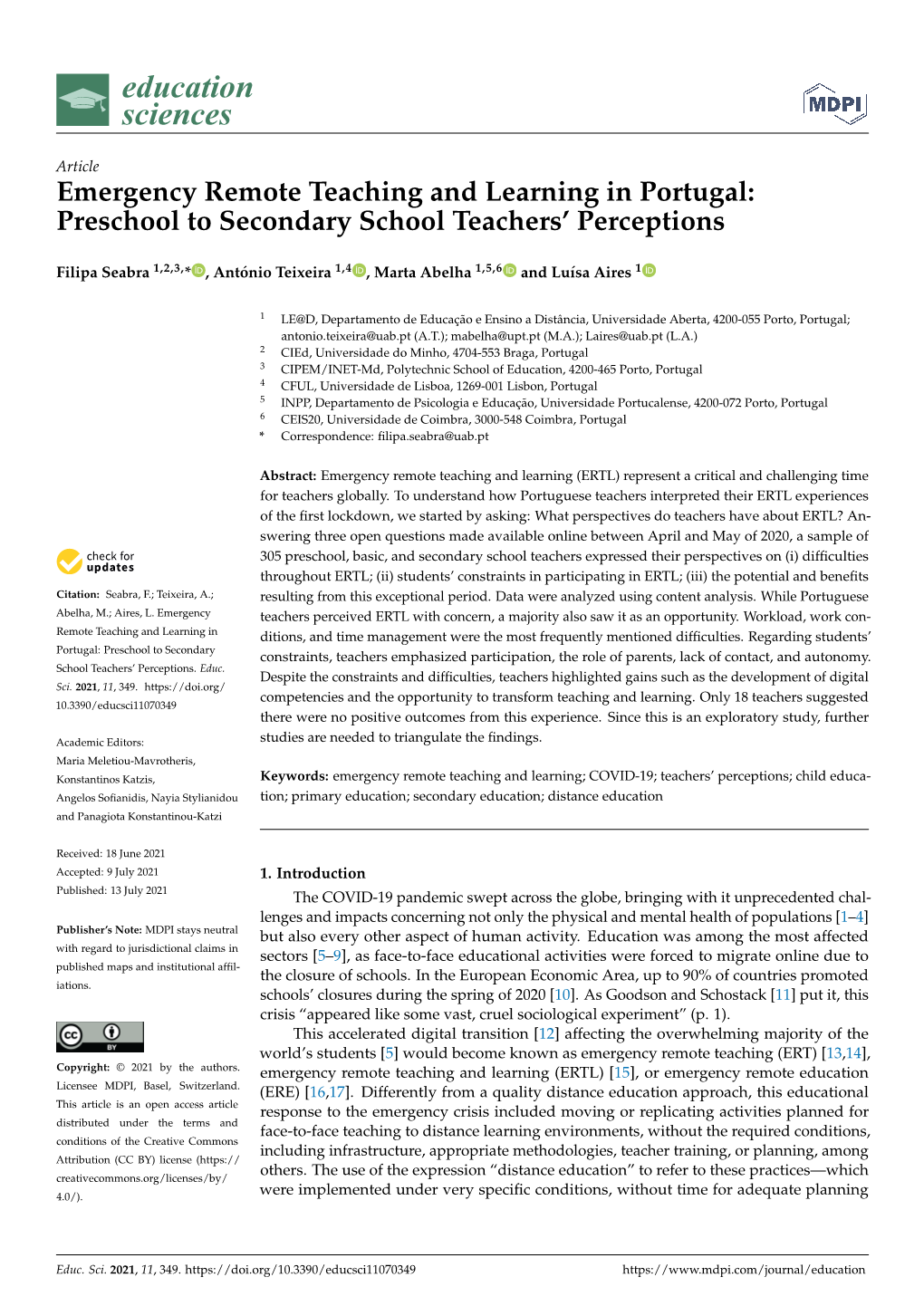 Emergency Remote Teaching and Learning in Portugal: Preschool to Secondary School Teachers’ Perceptions