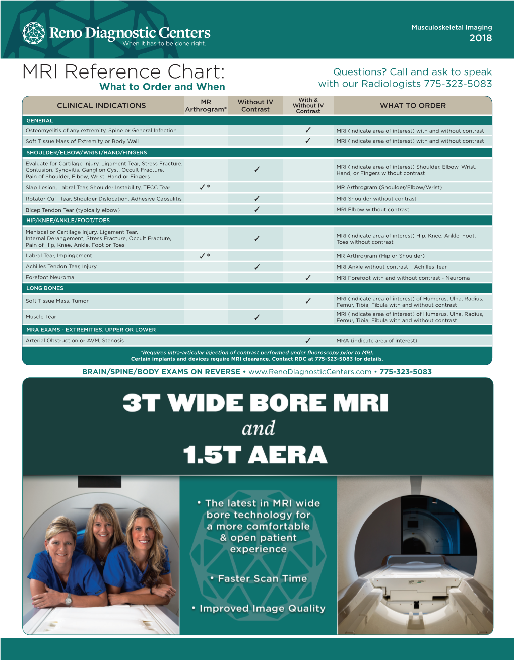 MRI Reference Chart: Questions? Call and Ask to Speak What to Order and When with Our Radiologists 775-323-5083
