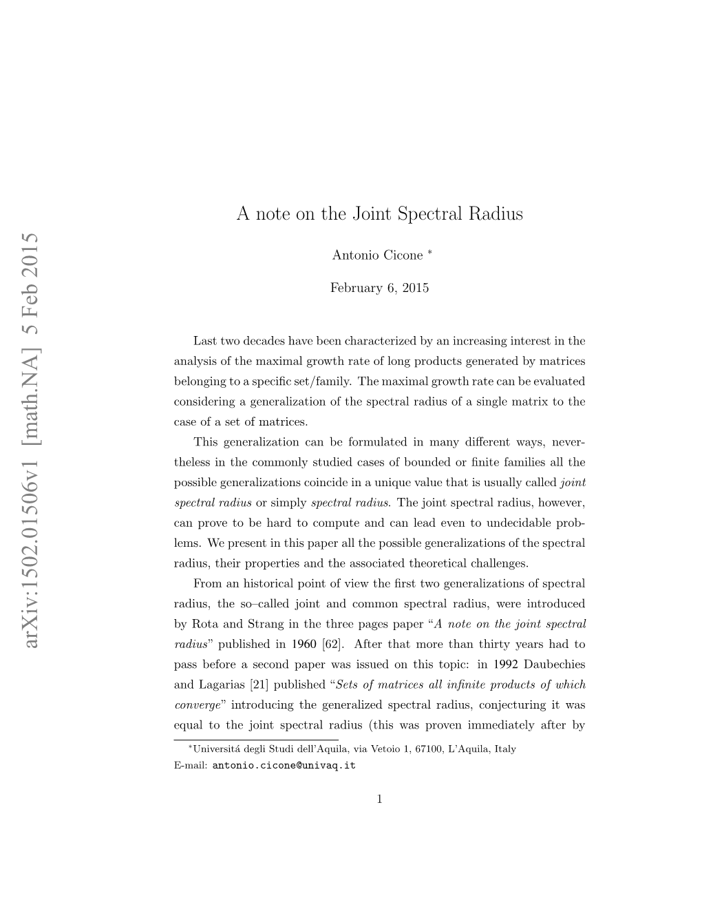A Note on the Joint Spectral Radius
