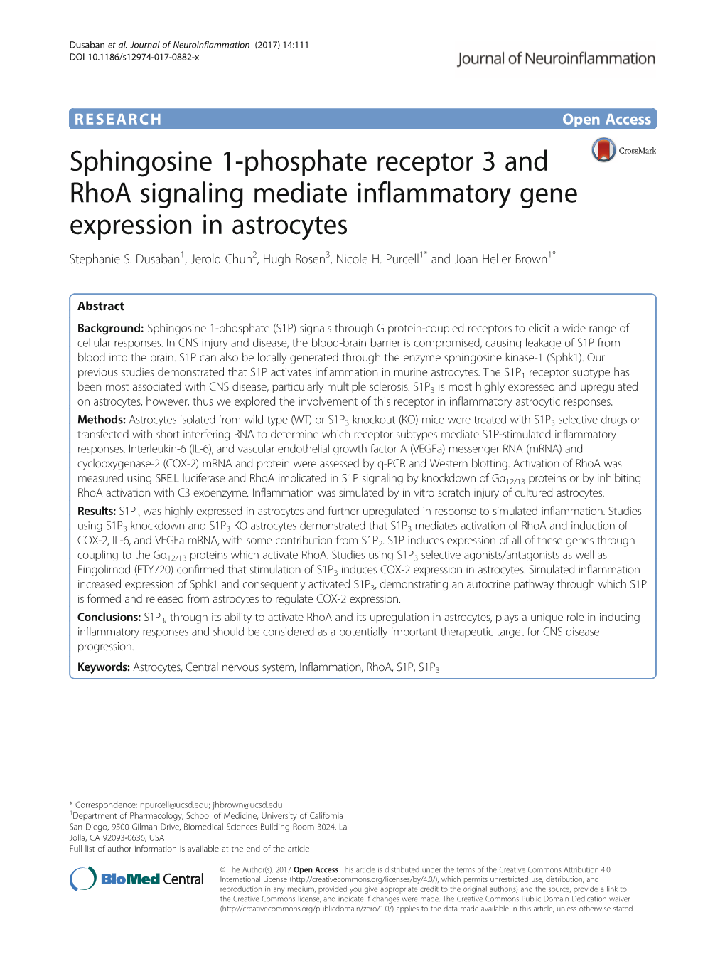 Sphingosine 1-Phosphate Receptor 3 and Rhoa Signaling Mediate Inflammatory Gene Expression in Astrocytes Stephanie S