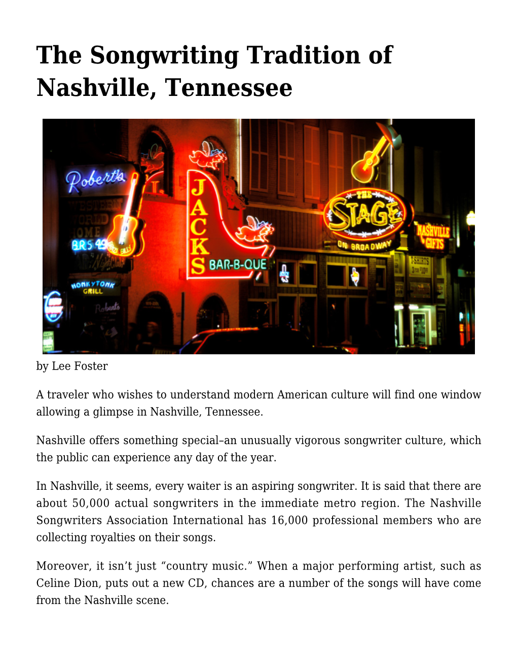 The Songwriting Tradition of Nashville, Tennessee