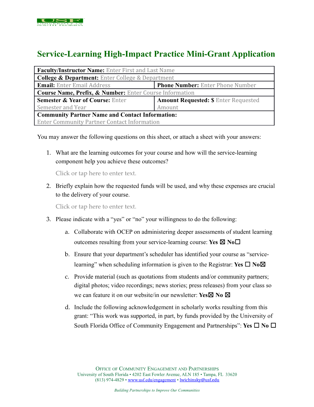 Service-Learning High-Impact Practice Mini-Grant Application