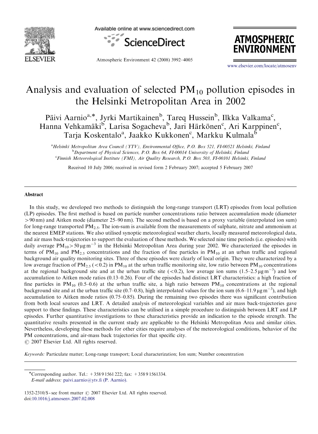 Analysis and Evaluation of Selected PM10 Pollution Episodes in the Helsinki Metropolitan Area in 2002