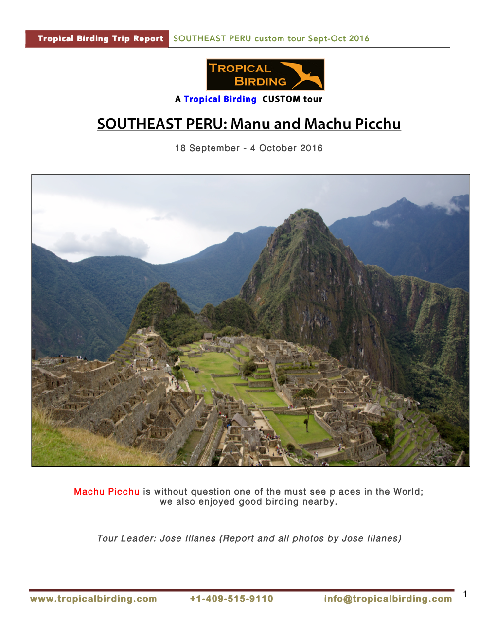 SOUTHEAST PERU Custom Tour Sept-Oct 2016
