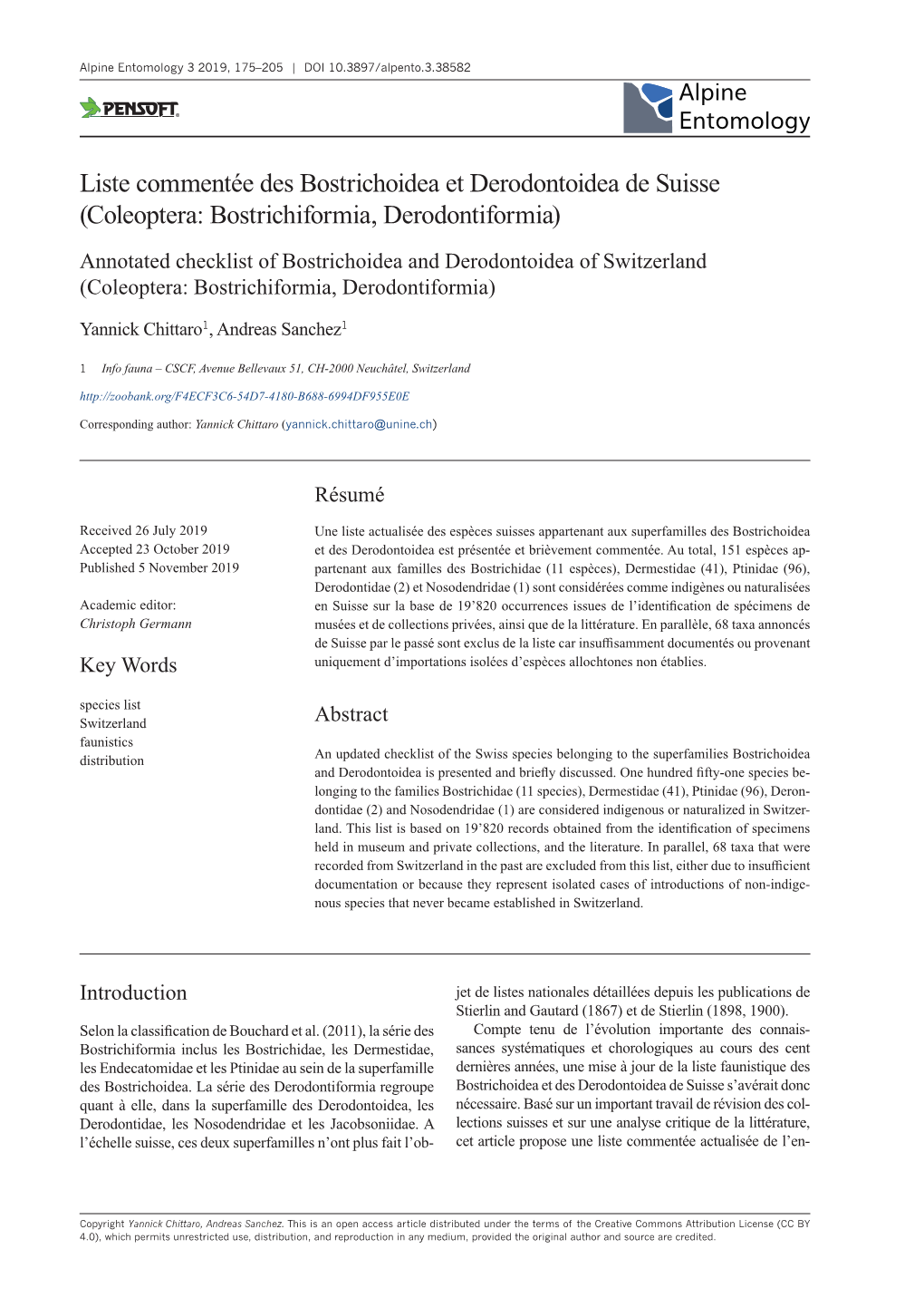 Liste Commentée Des Bostrichoidea Et Derodontoidea De Suisse