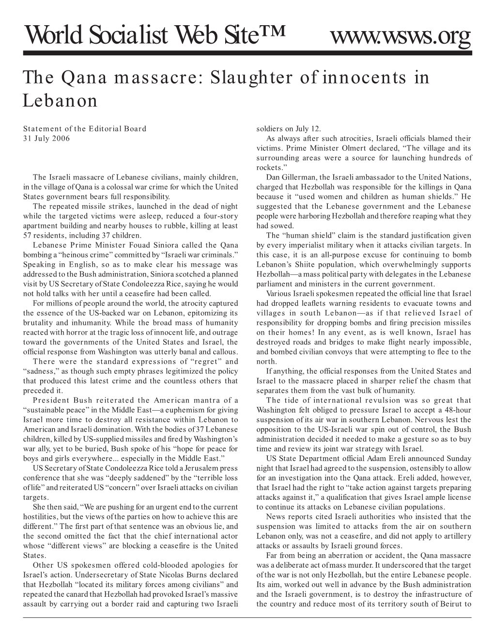 The Qana Massacre: Slaughter of Innocents in Lebanon