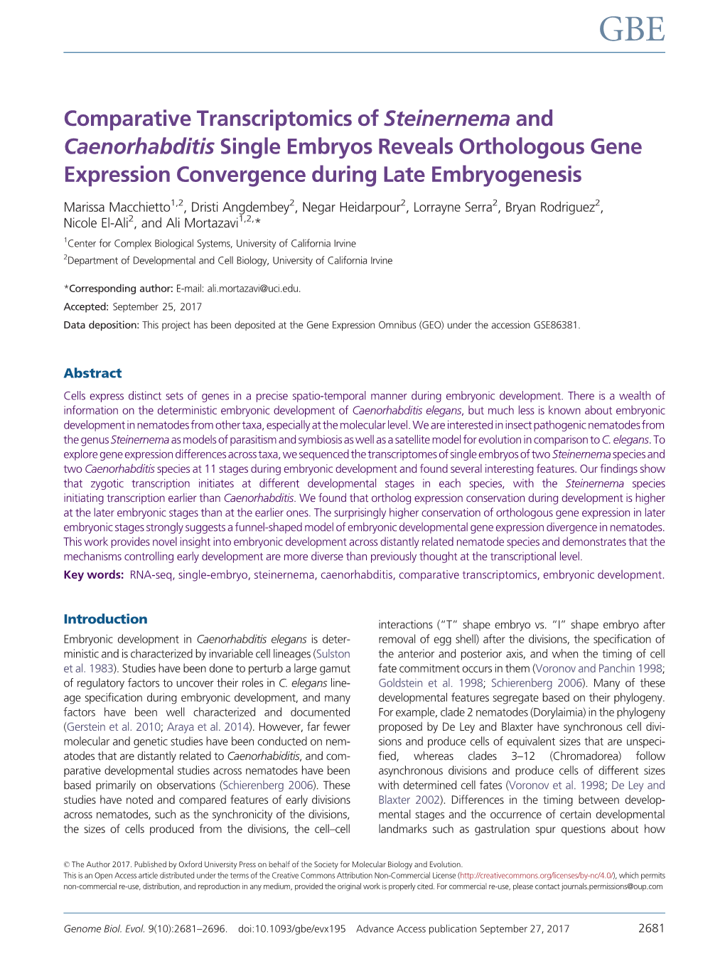 Comparative Transcriptomics of Steinernema and Caenorhabditis Single Embryos Reveals Orthologous Gene Expression Convergence During Late Embryogenesis