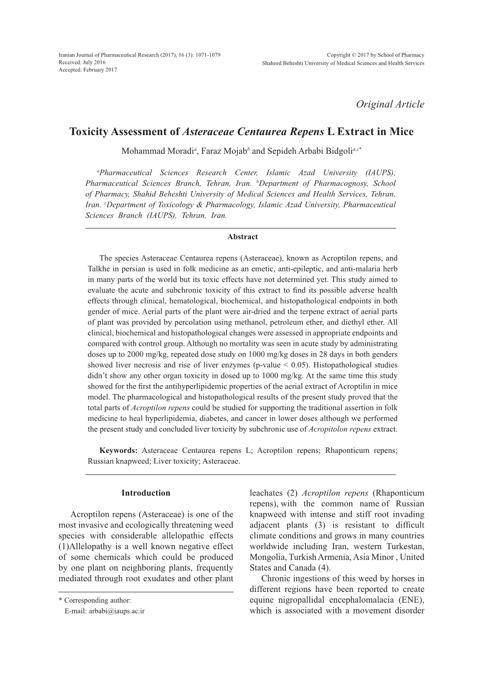 Toxicity Assessment of Asteraceae Centaurea Repens L Extract in Mice Mohammad Moradia, Faraz Mojabb and Sepideh Arbabi Bidgolia,C*