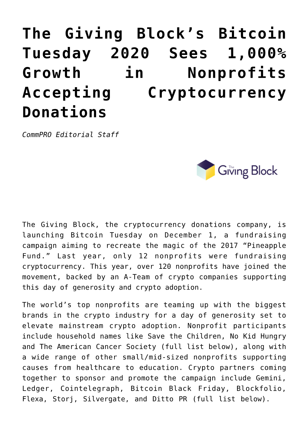 The Giving Block’S Bitcoin Tuesday 2020 Sees