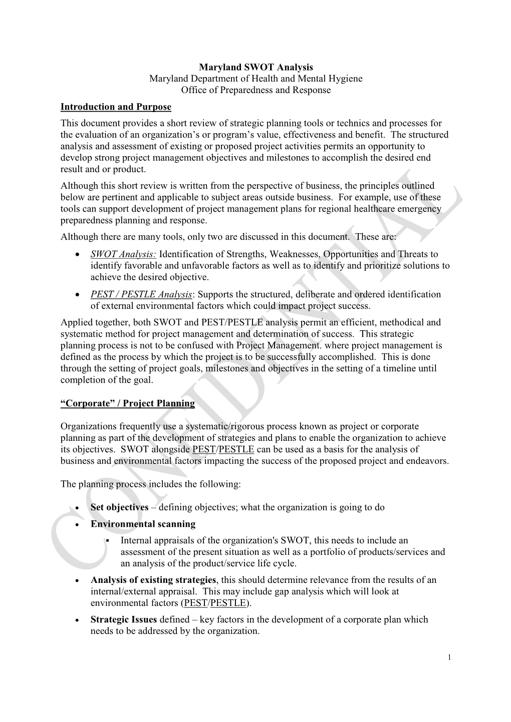 Maryland SWOT Analysis Maryland Department of Health And