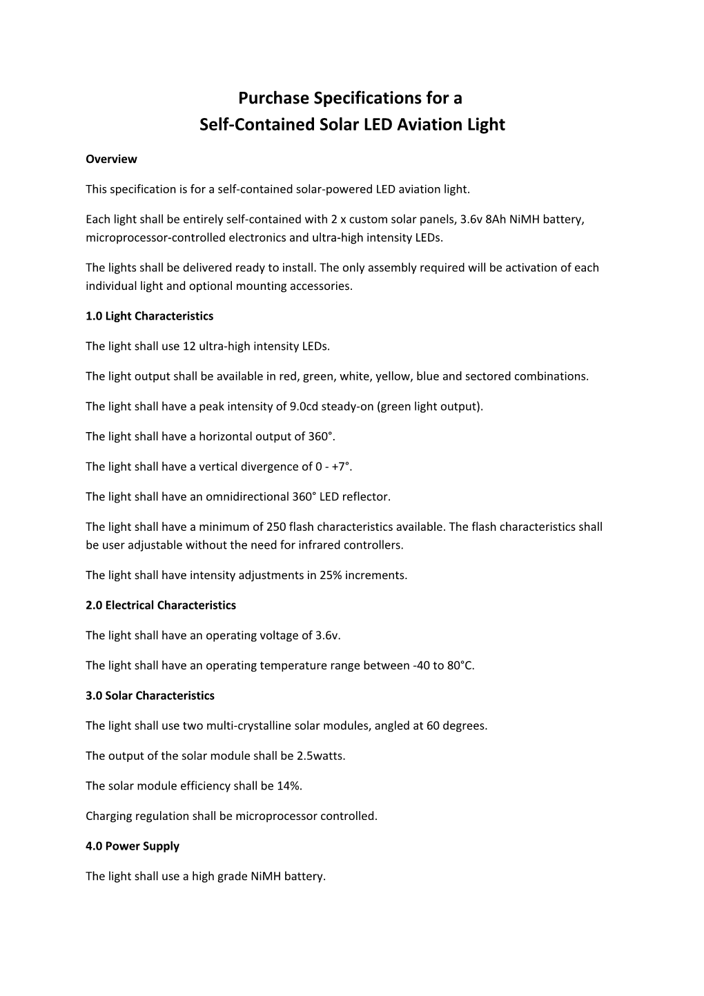 Purchase Specifications for a Self-Contained Solar LED Aviation Light