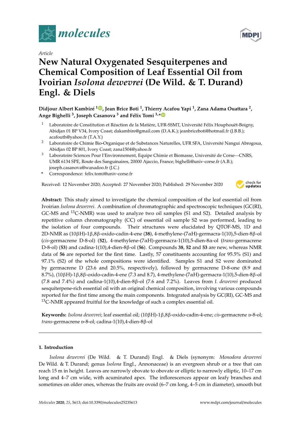 New Natural Oxygenated Sesquiterpenes and Chemical Composition of Leaf Essential Oil from Ivoirian Isolona Dewevrei (De Wild