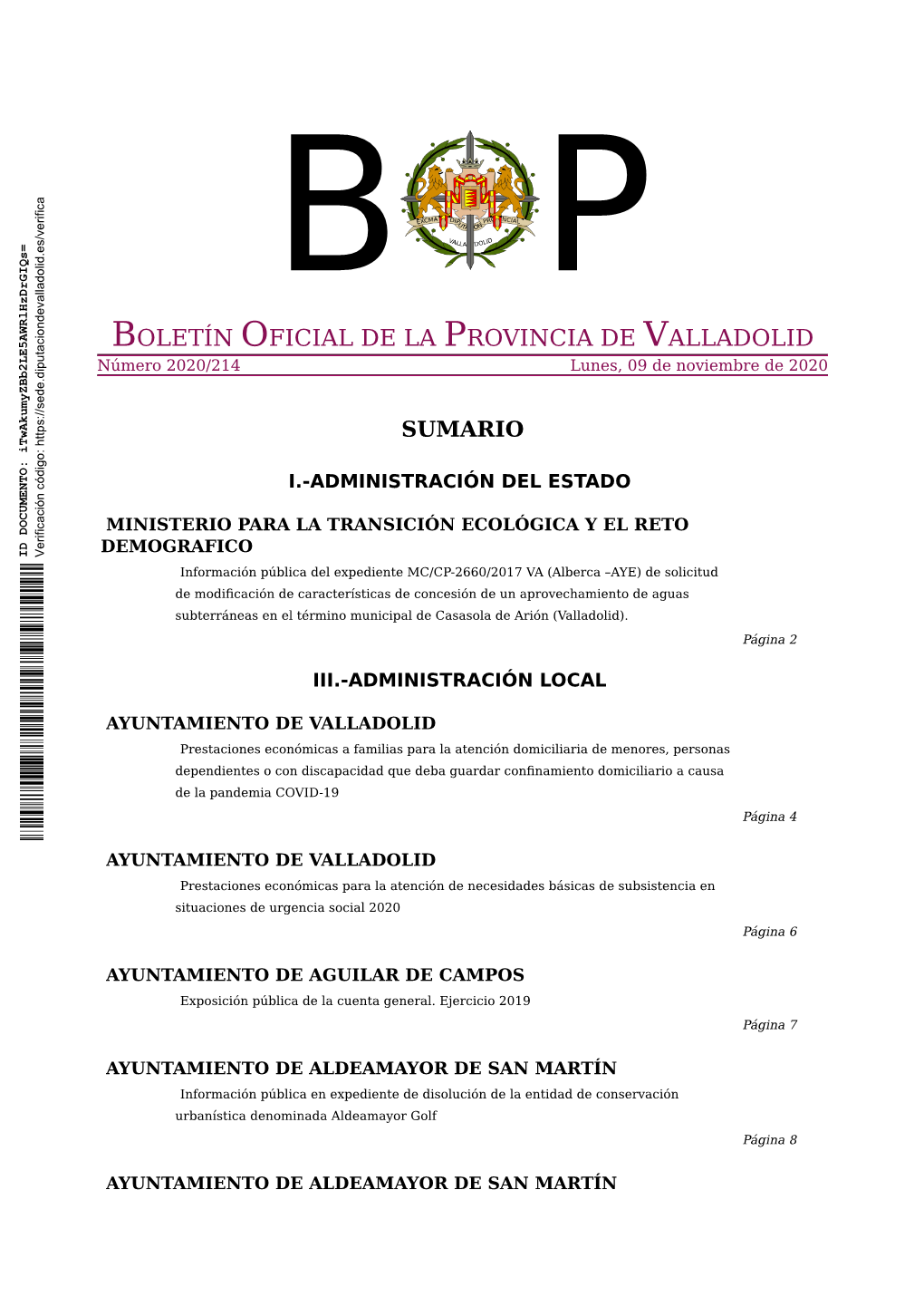 BOLETÍN OFICIAL DE LA PROVINCIA DE VALLADOLID Número 2020/214 Lunes, 09 De Noviembre De 2020