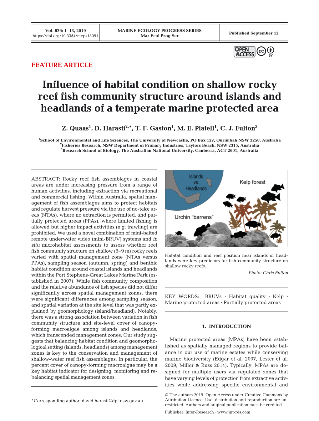 Influence of Habitat Condition on Shallow Rocky Reef Fish Community Structure Around Islands and Headlands of a Temperate Marine Protected Area