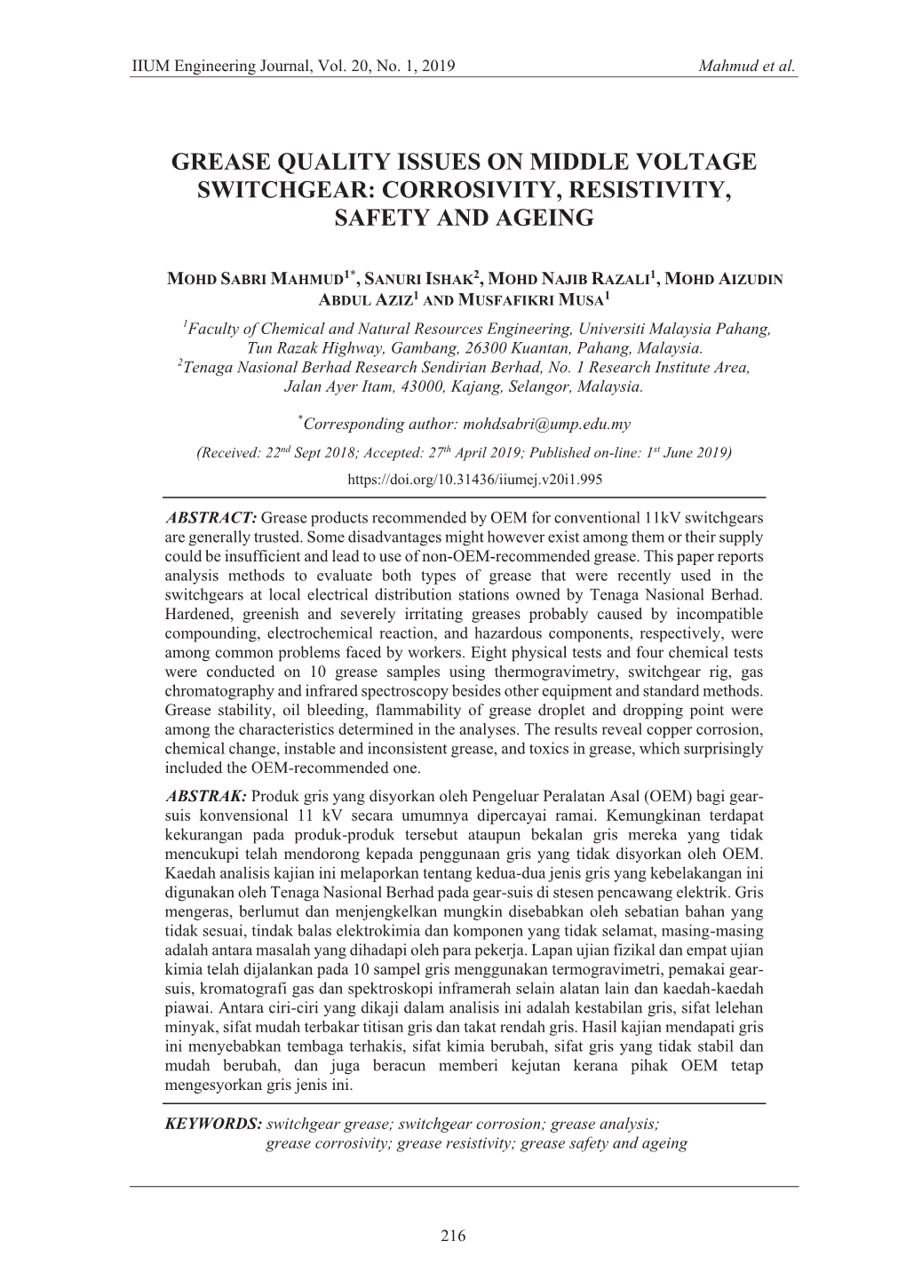 Grease Quality Issues on Middle Voltage Switchgear: Corrosivity, Resistivity, Safety and Ageing