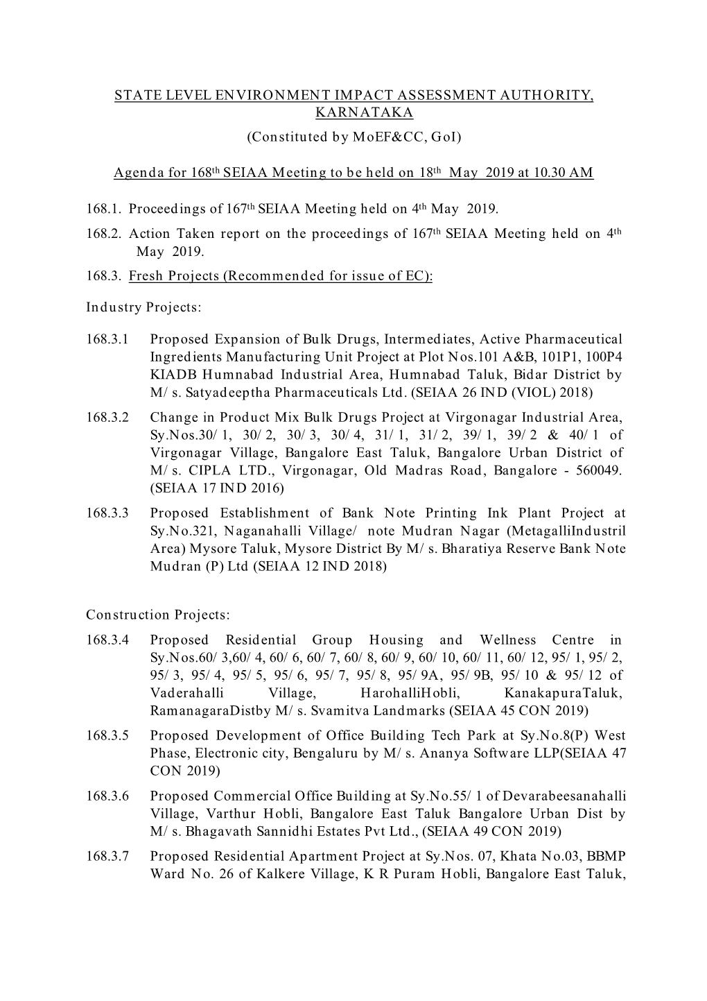 (Constituted by Moef&CC, Goi) Agenda for 168Th SEIAA Meeting
