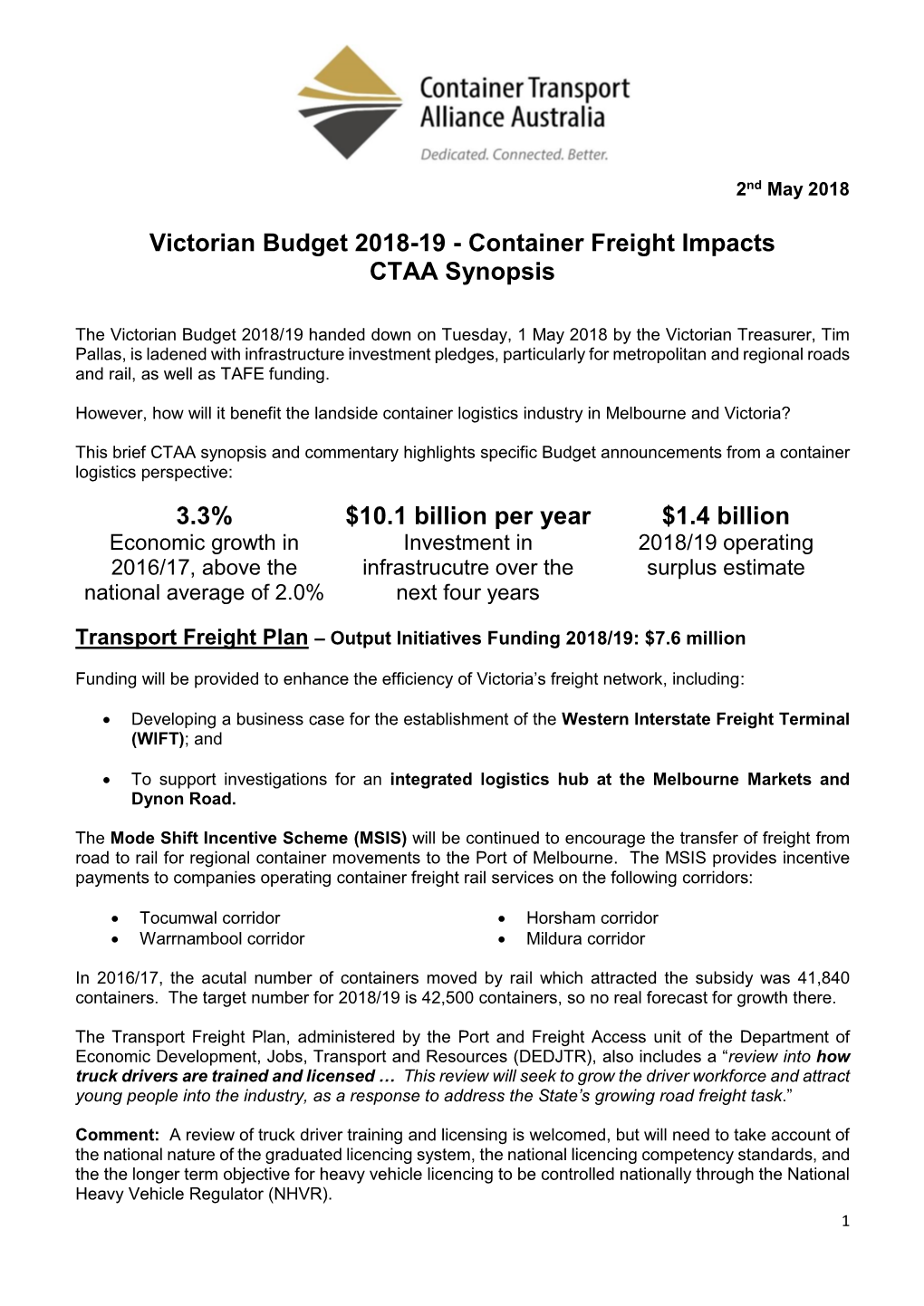 Victorian Budget 2018-19 - Container Freight Impacts CTAA Synopsis