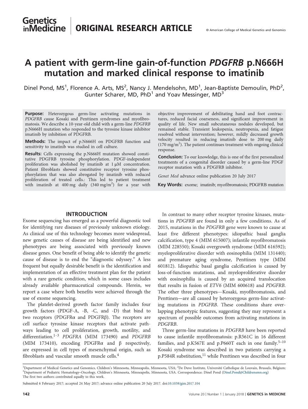 A Patient with Germ-Line Gain-Of-Function PDGFRB P.N666H Mutation and Marked Clinical Response to Imatinib