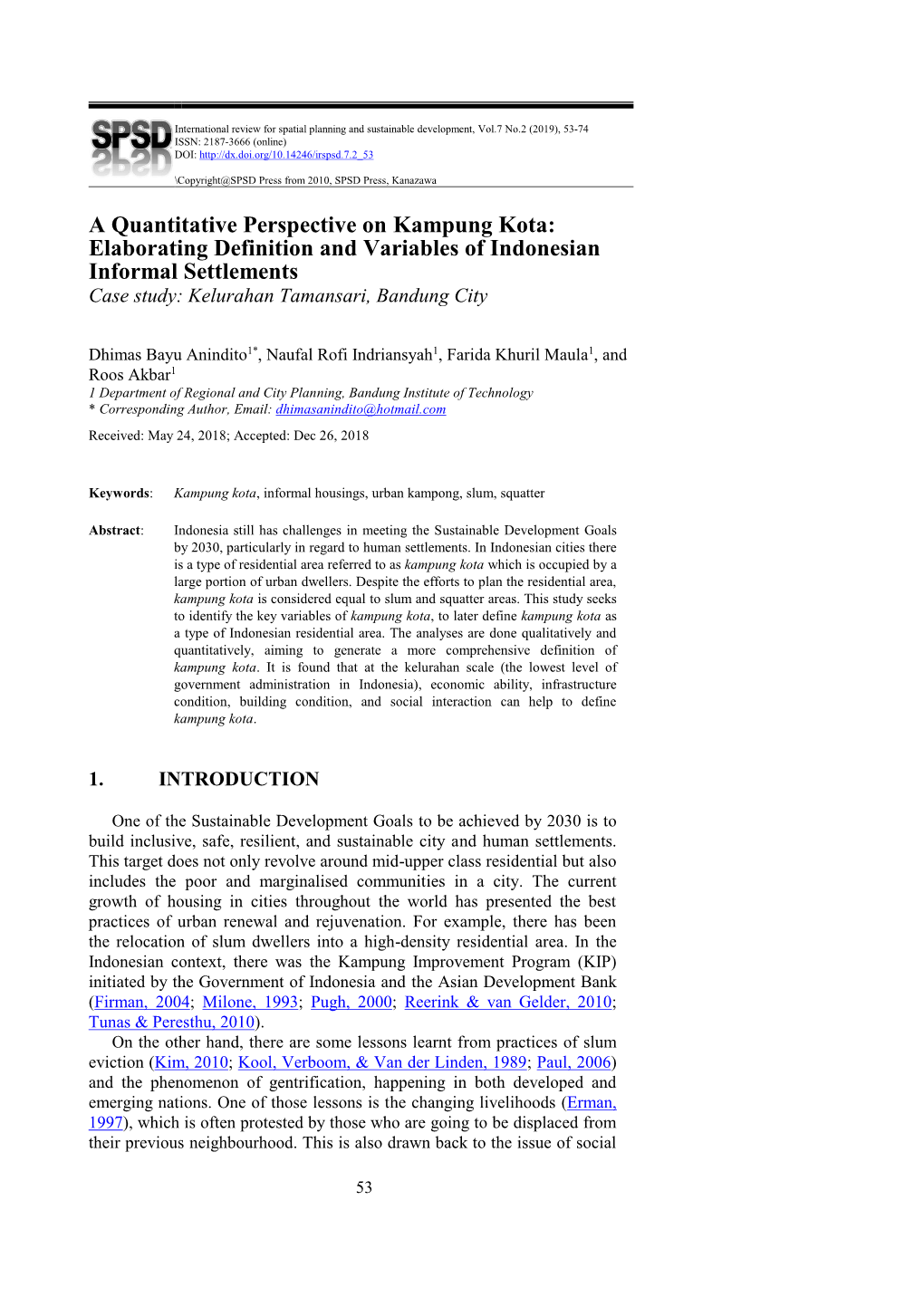 A Quantitative Perspective on Kampung Kota: Elaborating Definition and Variables of Indonesian Informal Settlements Case Study: Kelurahan Tamansari, Bandung City