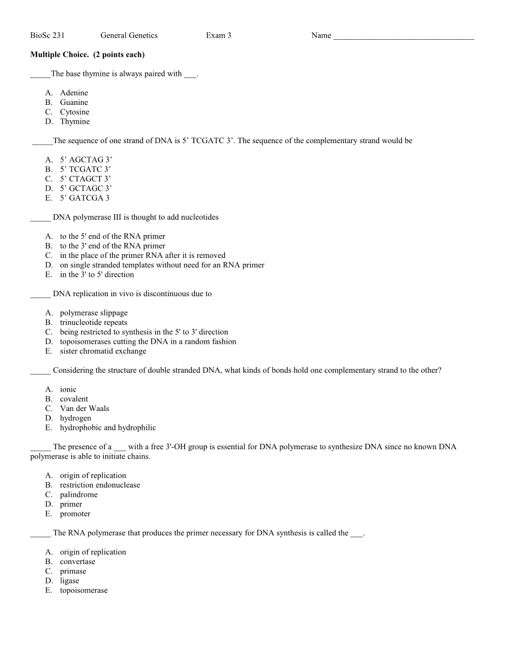 General Genetics Exam 3 Multiple Choice