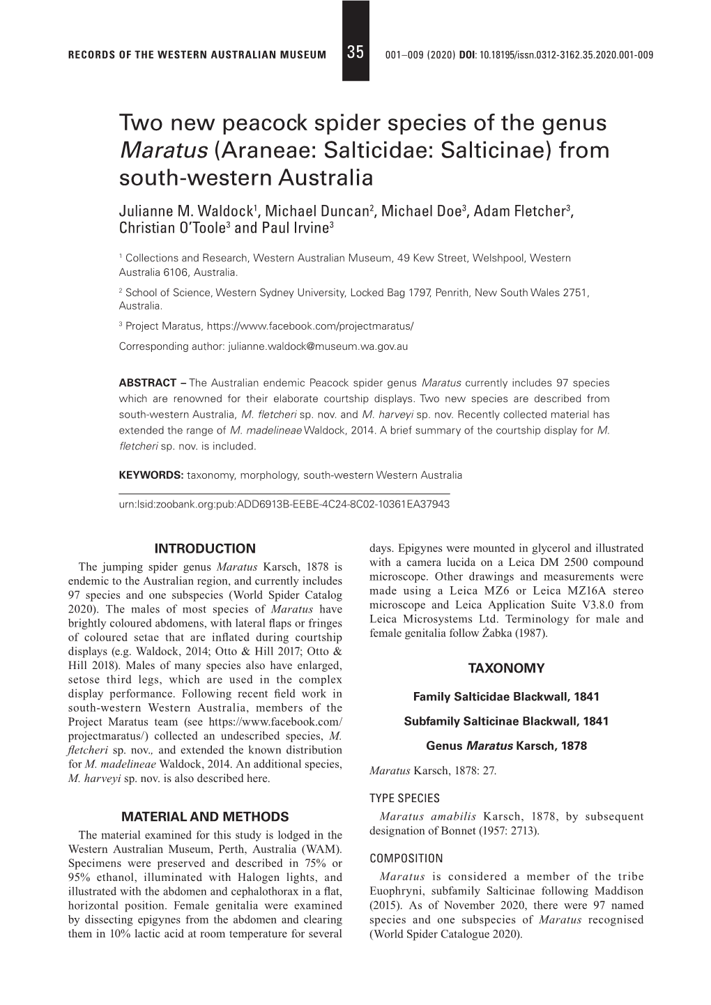 Two New Peacock Spider Species of the Genus Maratus (Araneae: Salticidae: Salticinae) from South-Western Australia Julianne M