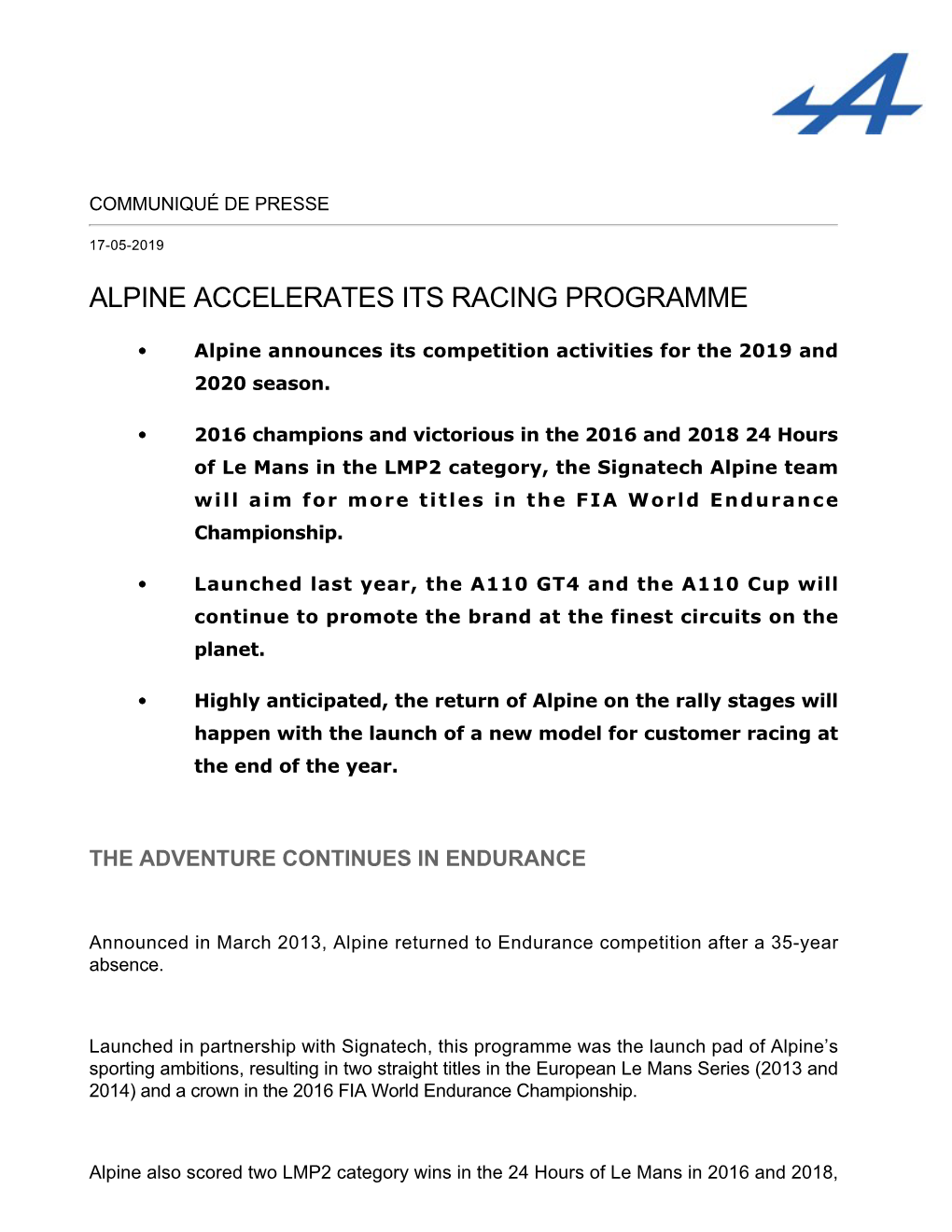 Alpine Accelerates Its Racing Programme