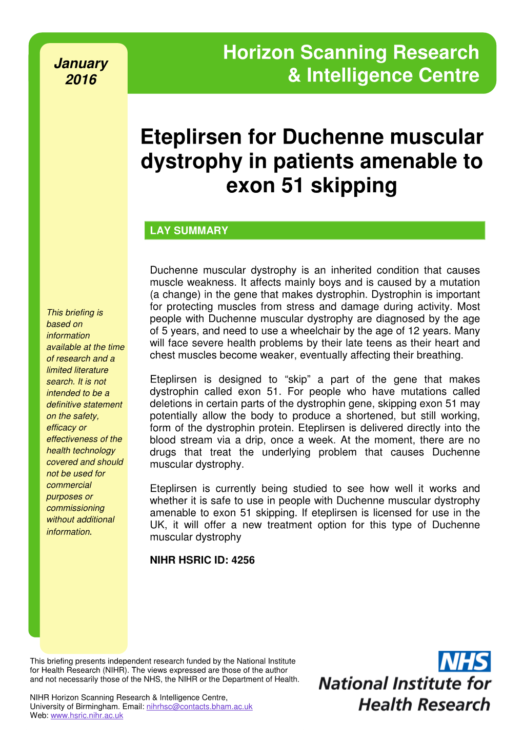 Eteplirsen for Duchenne Muscular Dystrophy in Patients Amenable to Exon 51 Skipping