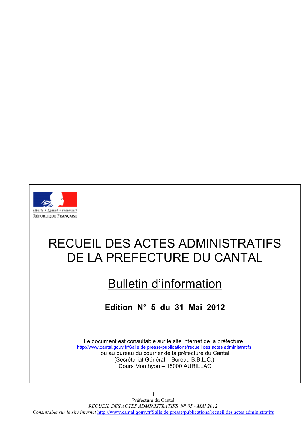 Recueil Des Actes Administratifs De La Prefecture Du Cantal