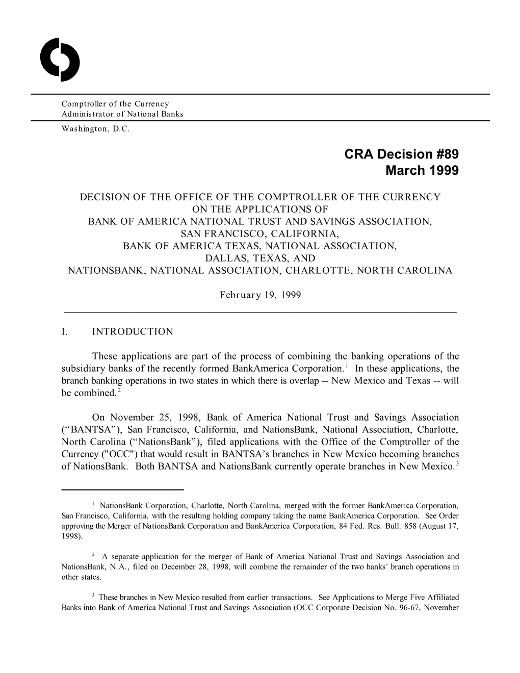 CRA Decision #89 March 1999
