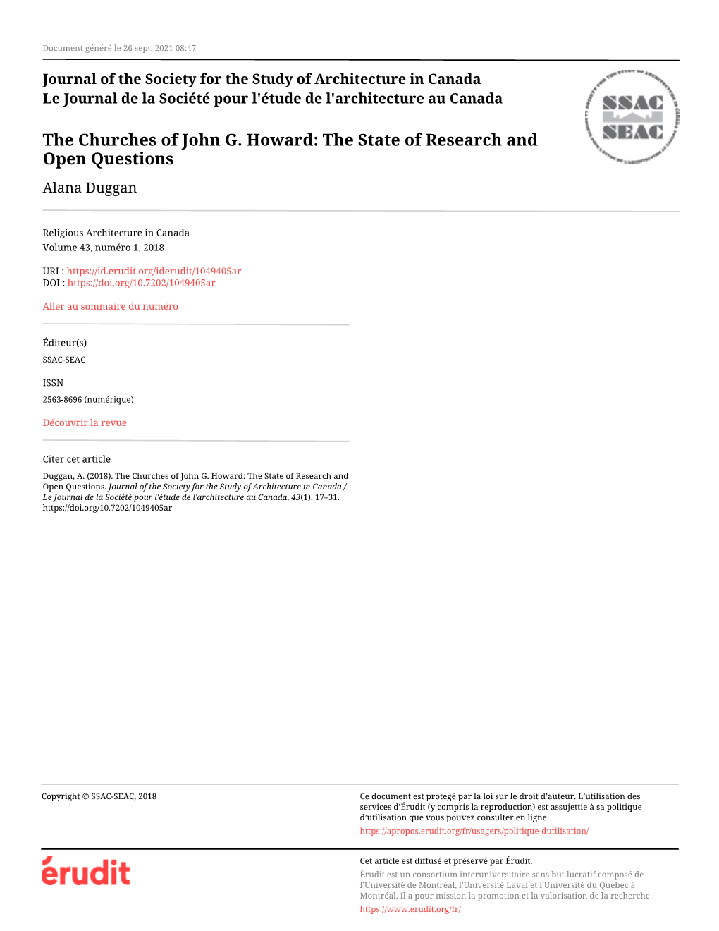 The Churches of John G. Howard: the State of Research and Open Questions Alana Duggan