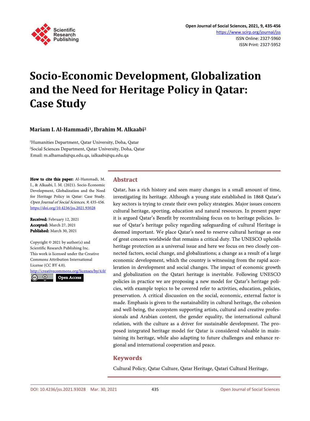 Socio-Economic Development, Globalization and the Need for Heritage Policy in Qatar: Case Study