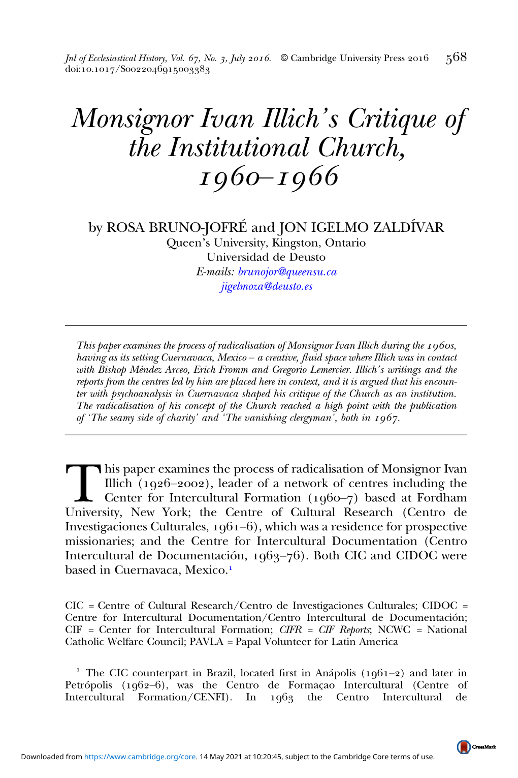 Monsignor Ivan Illich's Critique of the Institutional Church, –